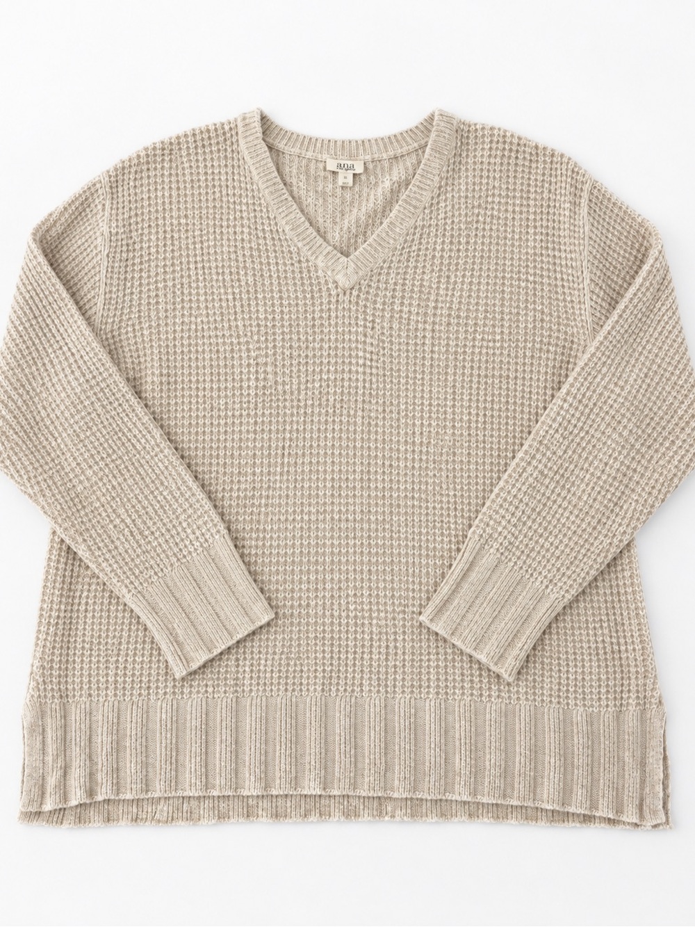 a.n.a. A New Approach XL Oatmeal Waffle Knit V-Neck Sweater Cozy Tunic